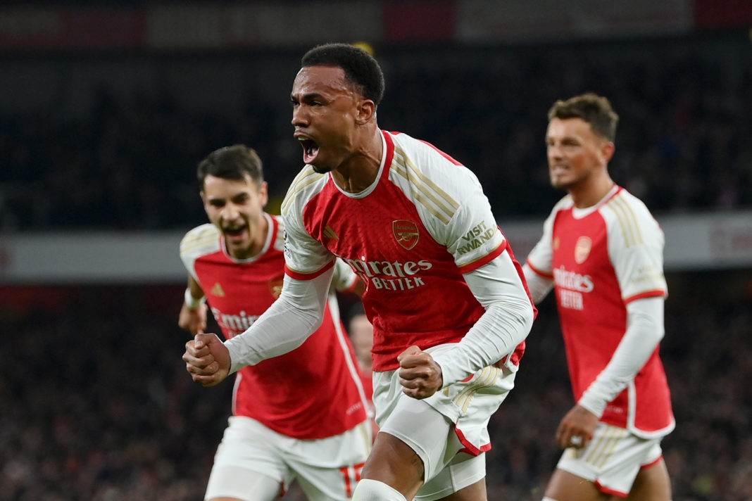 LONDON, ENGLAND - FEBRUARY 24: Gabriel of Arsenal celebrates his team's first goal, an own-goal scored by Sven Botman of Newcastle United (not pictured), during the Premier League match between Arsenal FC and Newcastle United at Emirates Stadium on February 24, 2024 in London, England. (Photo by Justin Setterfield/Getty Images)