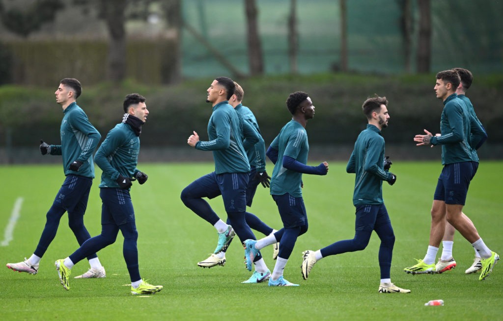 ST ALBANS, ENGLAND - FEBRUARY 20: Gabriel Martinelli of Arsenal and Bukayo Saka of Arsenal during an Arsenal training session ahead of the UEFA Champions League match against Porto at London Colney on February 20, 2024 in St Albans, England. (Photo by Justin Setterfield/Getty Images)
