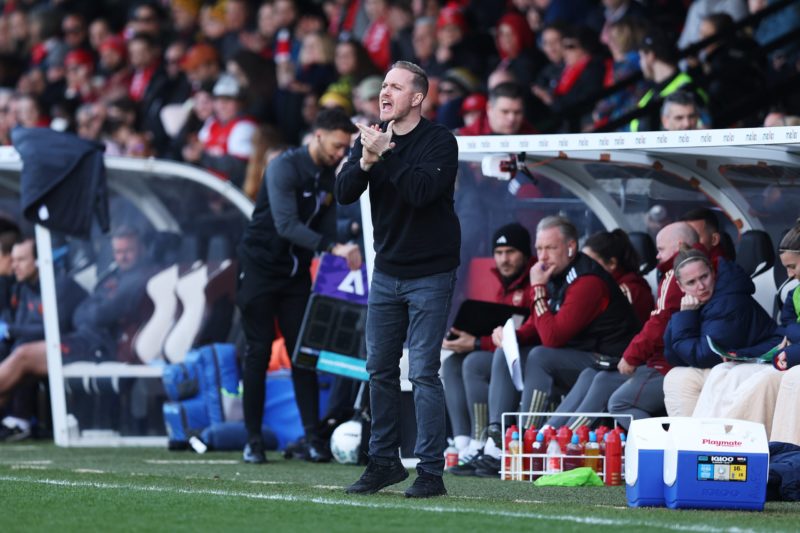 BOREHAMWOOD, ENGLAND - FEBRUARY 11: Jonas Eidevall, Manager of Arsenal, gives the team instructions during the Adobe Women's FA Cup Fifth Round match between Arsenal and Manchester City at Meadow Park on February 11, 2024 in Borehamwood, England. (Photo by Richard Pelham/Getty Images)