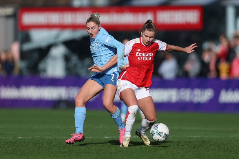 BOREHAMWOOD, ENGLAND - FEBRUARY 11: Victoria Pelova of Arsenal is challenged by Laura Coombs of Manchester City during the Adobe Women's FA Cup Fifth Round match between Arsenal and Manchester City at Meadow Park on February 11, 2024 in Borehamwood, England. (Photo by Richard Pelham/Getty Images)