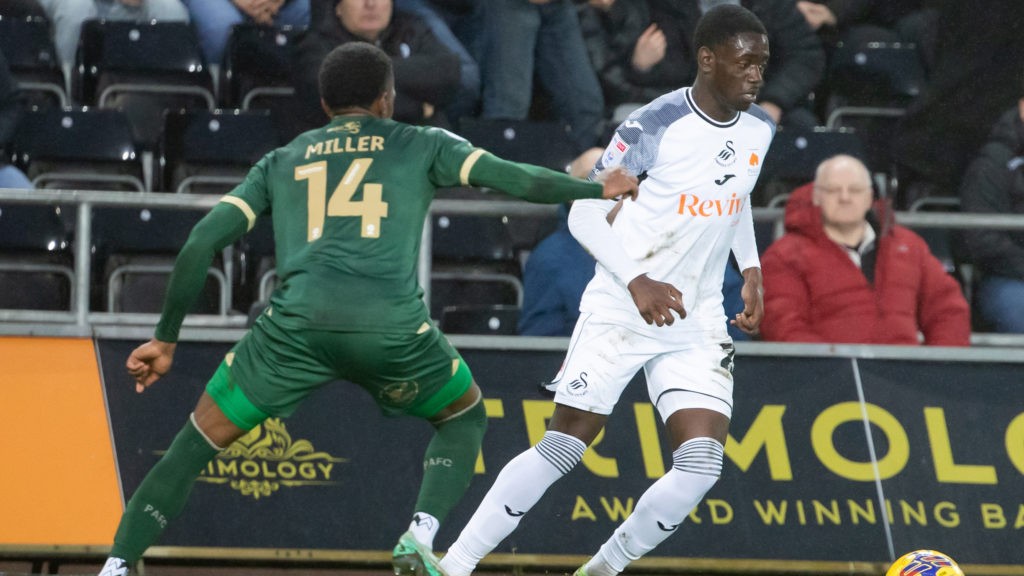 Charles Sagoe Jr. playing for Swansea City against Plymouth Argyle (Photo via SwanseaCity.com)