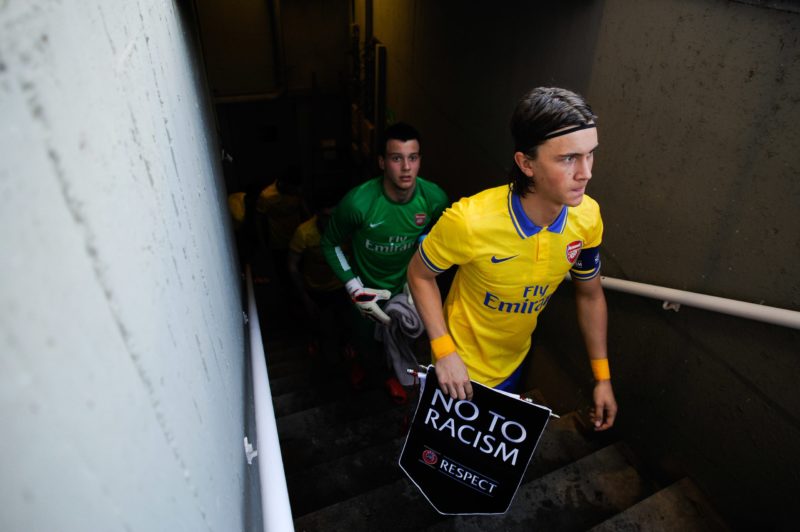 BARCELONA, SPAIN - MARCH 18: Kristoffer Olsson of Arsenal leads his team out onto the pitch prior to the UEFA Youth League Quarter FInal match between FC Barcelona U19 and Arsenal U19 at Mini Estadi on March 18, 2014 in Barcelona, Spain. (Photo by David Ramos/Getty Images)