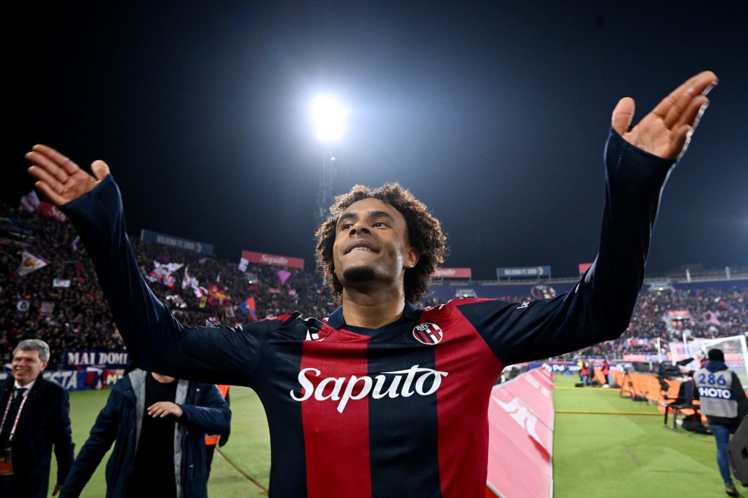 BOLOGNA, ITALY - FEBRUARY 14: Joshua Zirkzee of Bologna FC celebrates following the team's victory in the Serie A TIM match between Bologna FC and ACF Fiorentina - Serie A TIM at Stadio Renato Dall'Ara on February 14, 2024 in Bologna, Italy. (Photo by Alessandro Sabattini/Getty Images)