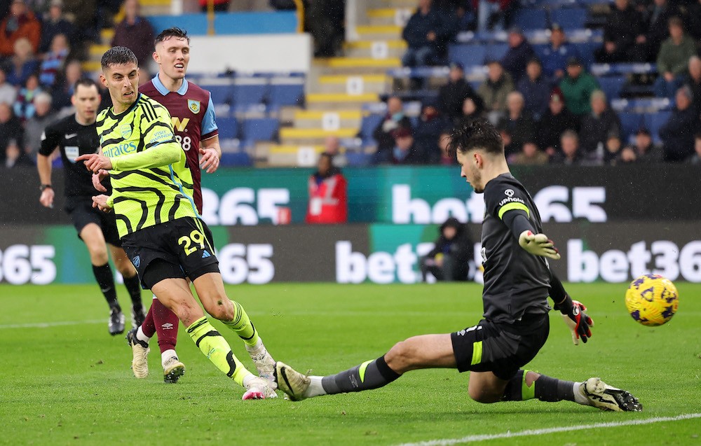 BURNLEY, ENGLAND: Kai Havertz of Arsenal scores his team's fifth goal during the Premier League match between Burnley FC and Arsenal FC at Turf Moor on February 17, 2024. (Photo by Matt McNulty/Getty Images)