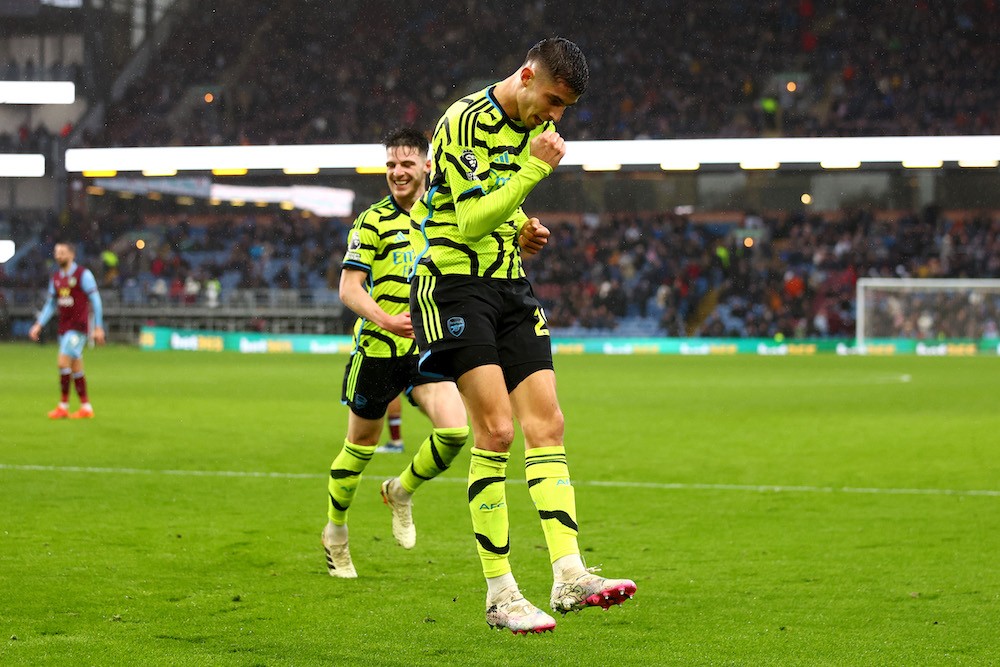 BURNLEY, ENGLAND: Kai Havertz of Arsenal celebrates after scoring his team's fifth goal during the Premier League match between Burnley FC and Arsenal FC at Turf Moor on February 17, 2024. (Photo by Marc Atkins/Getty Images)