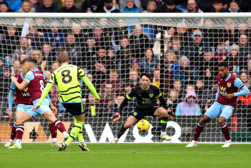 BURNLEY, ENGLAND - FEBRUARY 17: Martin Odegaard of Arsenal scores his team's first goal during the Premier League match between Burnley FC and Arsenal FC at Turf Moor on February 17, 2024 in Burnley, England. (Photo by Marc Atkins/Getty Images)