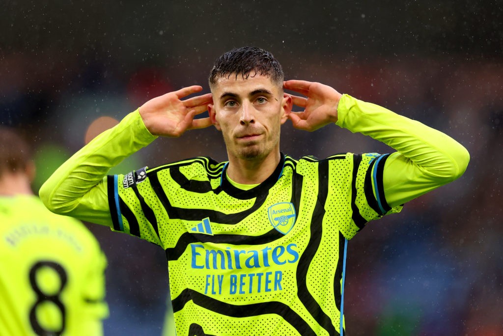 BURNLEY, ENGLAND - FEBRUARY 17: Kai Havertz of Arsenal celebrates after scoring his team's fifth goal during the Premier League match between Burnley FC and Arsenal FC at Turf Moor on February 17, 2024 in Burnley, England. (Photo by Marc Atkins/Getty Images)