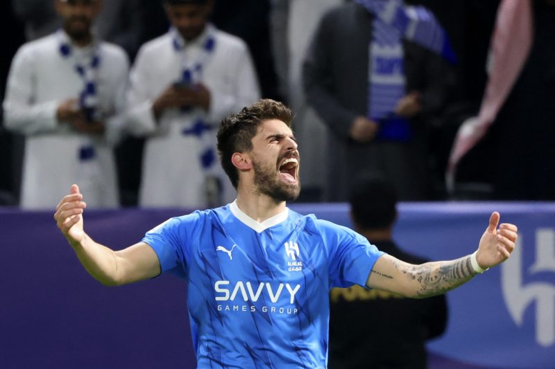 Hilal's Portuguese midfielder #08 Ruben Neves celebrates after scoring his team's second goal during the AFC Champions League football match between Saudi Arabia's Al-Hilal SFC and Iran's Sepahan FC at the Kingdom Arena Stadium in Riyadh on February 22, 2024.(Photo by FAYEZ NURELDINE/AFP via Getty Images)