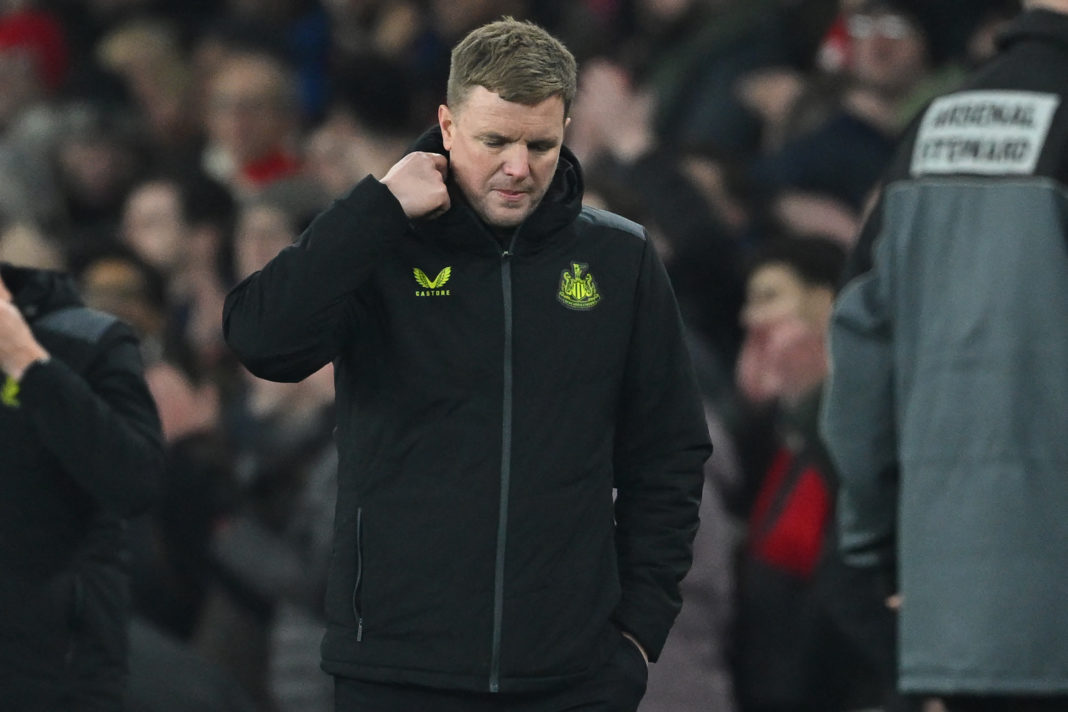 Newcastle United's English head coach Eddie Howe reacts on the final whistle in the English Premier League football match between Arsenal and Newcastle United at the Emirates Stadium in London on February 24, 2024. Arsenal won the game 4-1. (Photo by JUSTIN TALLIS/AFP via Getty Images)