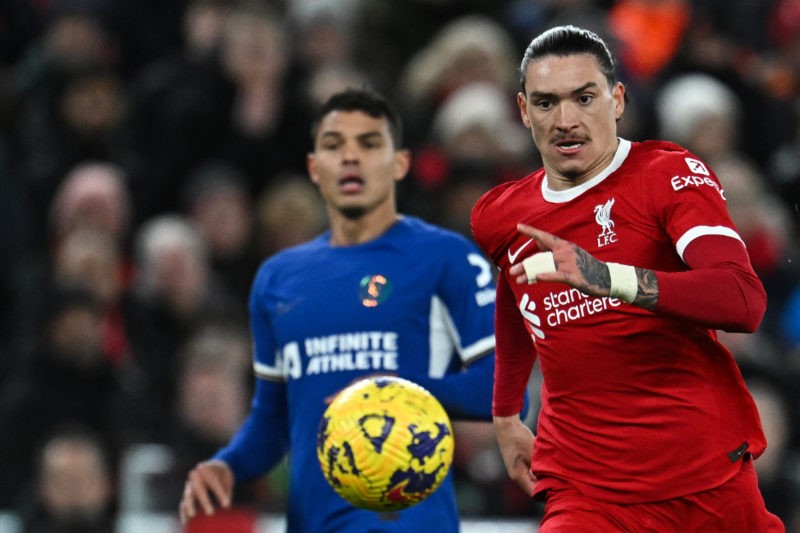 Liverpool's Uruguayan striker #09 Darwin Nunez (R) eyes the ball during the English Premier League football match between Liverpool and Chelsea at Anfield in Liverpool, north west England on January 31, 2024. (Photo by PAUL ELLIS/AFP via Getty Images)