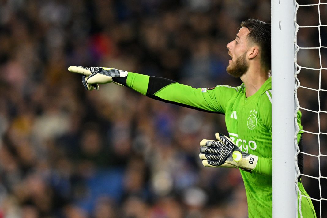 Ajax's German goalkeeper #40 Diant Ramaj shouts to teammates during the UEFA Europa League Group B football match between Brighton and Hove Albion and Ajax at the American Express Community Stadium in Brighton, southern England on October 26, 2023. (Photo by GLYN KIRK/AFP via Getty Images)