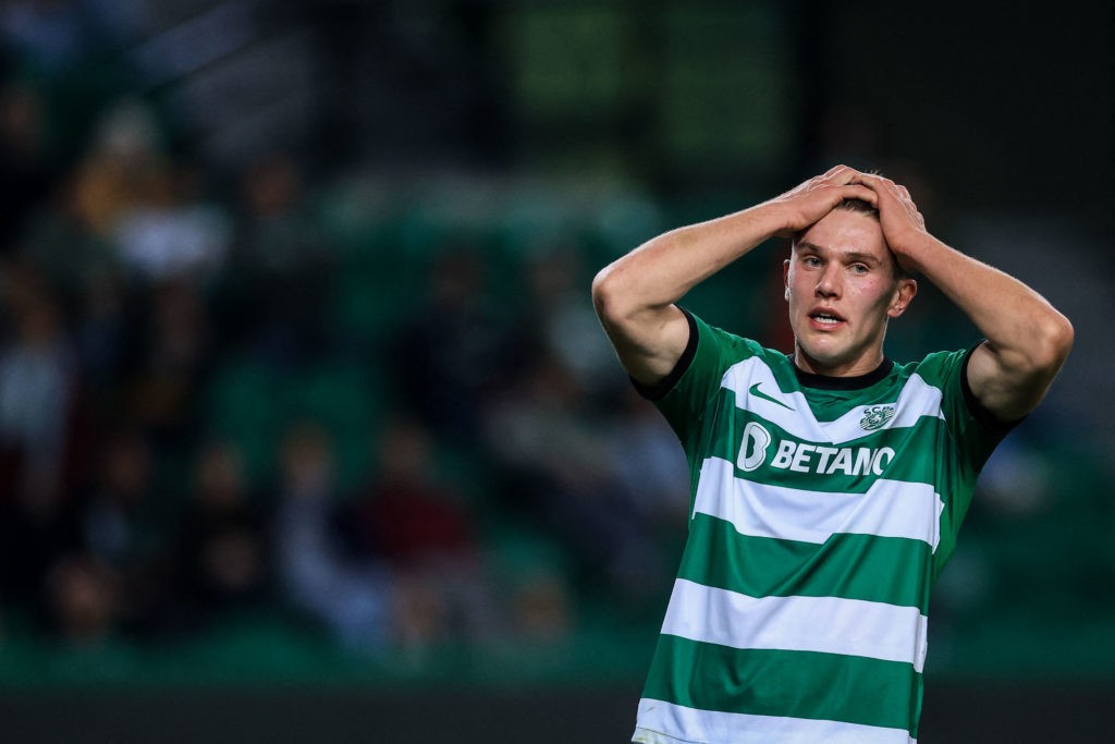 Sporting Lisbon's Swedish forward #09 Viktor Gyokeres reacts during the UEFA Europa League last 32 second leg football match between Sporting CP and BSC Young Boys at the Jose Alvalade stadium in Lisbon on February 22, 2024. (Photo by PATRICIA DE MELO MOREIRA/AFP via Getty Images)