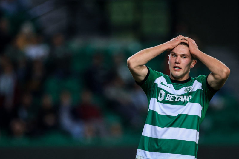 Sporting Lisbon's Swedish forward #09 Viktor Gyokeres reacts during the UEFA Europa League last 32 second leg football match between Sporting CP and BSC Young Boys at the Jose Alvalade stadium in Lisbon on February 22, 2024. (Photo by PATRICIA DE MELO MOREIRA/AFP via Getty Images)