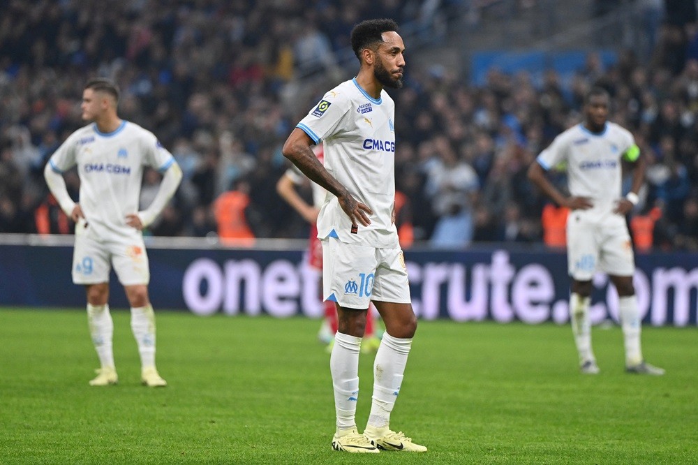 Marseille's Pierre-Emerick Aubameyang (C) reacts during the French L1 football match between Olympique de Marseille (OM) and AS Monaco at the Velodrome stadium in Marseille, on January 27, 2024. (Photo by SYLVAIN THOMAS/AFP via Getty Images)