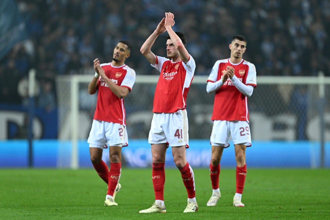 PORTO, PORTUGAL - FEBRUARY 21: William Saliba, Declan Rice and Kai Havertz of Arsenal applaud their fans after during the UEFA Champions League 2023/24 round of 16 first leg match between FC Porto and Arsenal FC at Estadio do Dragao on February 21, 2024 in Porto, Portugal. (Photo by David Ramos/Getty Images)