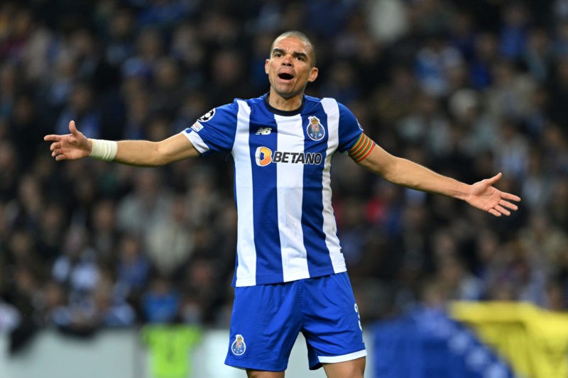 PORTO, PORTUGAL - FEBRUARY 21: Pepe of FC Porto reacts during the UEFA Champions League 2023/24 round of 16 first leg match between FC Porto and Arsenal FC at Estadio do Dragao on February 21, 2024 in Porto, Portugal. (Photo by David Ramos/Getty Images)
