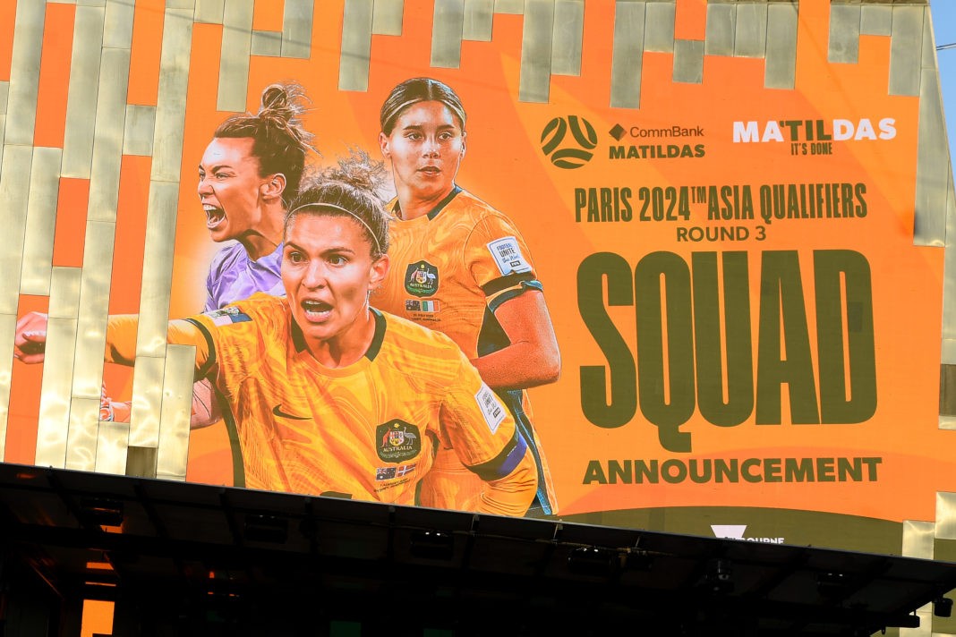 MELBOURNE, AUSTRALIA - FEBRUARY 07: The Federation Square big screen during the Matildas squad announcement ahead of the AFC Women's Olympic Football Tournament Paris 2024 Asian Qualifiers, at Federation Square on February 07, 2024 in Melbourne, Australia. (Photo by Josh Chadwick/Getty Images)