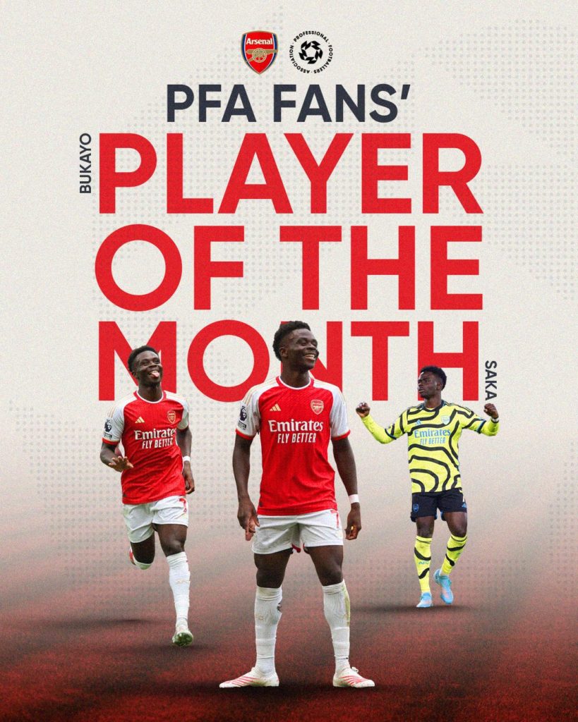 Bukayo Saka wins the PFA Fans' Player of the Month award for February 2024