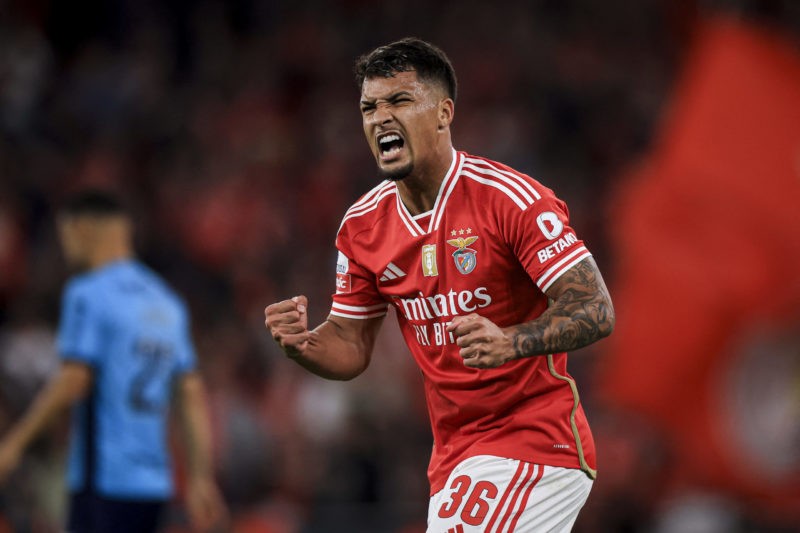 Benfica's Brazilian forward #36 Marcos Leonardo celebrates after scoring his team's sixth goal during the Portuguese league football match between SL Benfica and FC Vizela at the Luz stadium in Lisbon on February 18, 2024. (Photo by FILIPE AMORIM / AFP) (Photo by FILIPE AMORIM/AFP via Getty Images)
