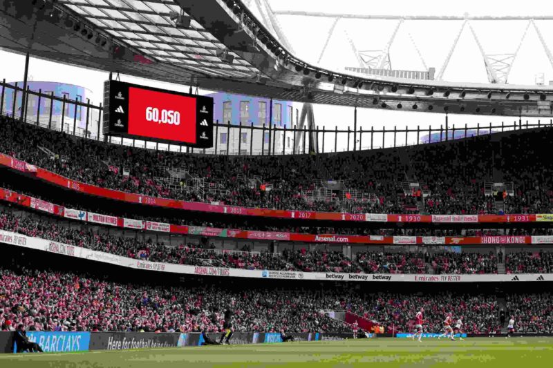 LONDON, ENGLAND - MARCH 03: A general view as the LED Screen displays the match attendance of "60, 050" during the Barclays Women's Super League match between Arsenal FC and Tottenham Hotspur at Emirates Stadium on March 03, 2024 in London, England. (Photo by Richard Heathcote/Getty Images)