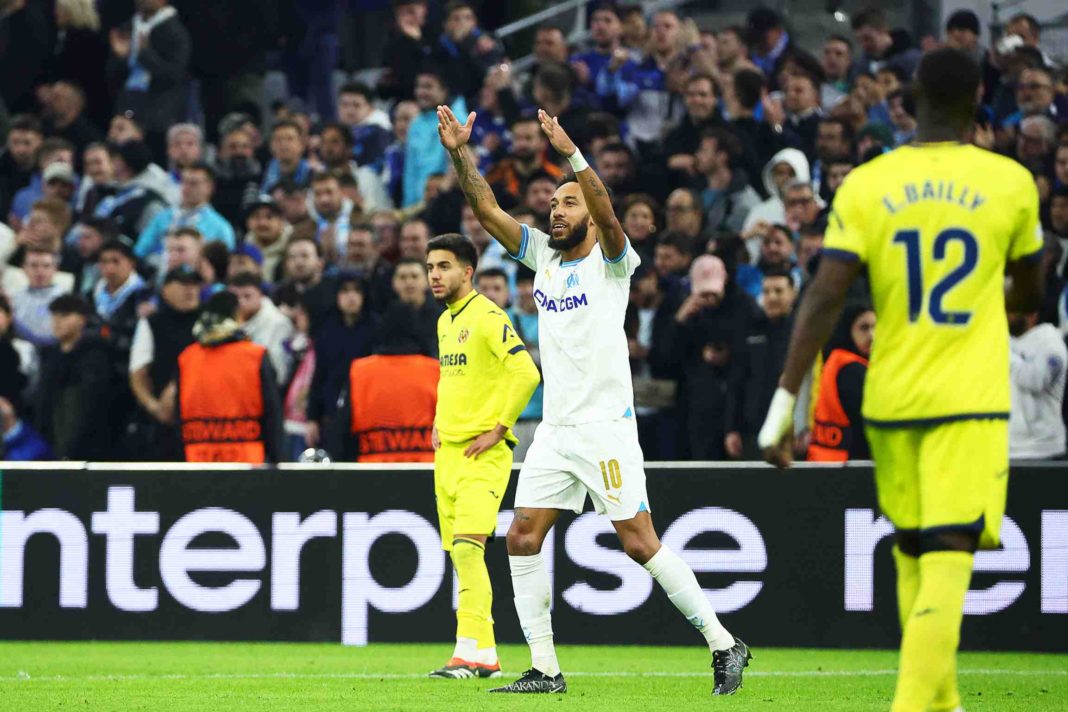 Marseille's French forward #10 Pierre-Emerick Aubameyang celebrates after scoring his team's fourth goal during the UEFA Europa League round of 16 first-leg football match between Olympique de Marseille and Villareal CF at the Velodrome Stadium in Marseille, souteastern France, on March 7, 2024. (Photo by CLEMENT MAHOUDEAU/AFP via Getty Images)