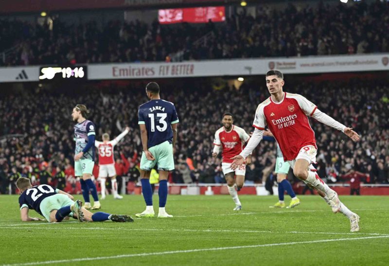Arsenal's German midfielder #29 Kai Havertz celebrates scoring the team's second goal during the English Premier League football match between Arsenal and Brentford at the Emirates Stadium in London on March 9, 2024. (Photo by JUSTIN TALLIS/AFP via Getty Images)