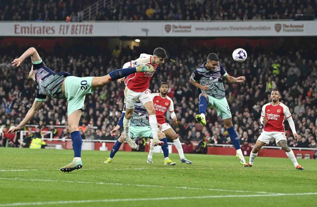 Arsenal's German midfielder #29 Kai Havertz scores the team's second goal during the English Premier League football match between Arsenal and Brentford at the Emirates Stadium in London on March 9, 2024. (Photo by JUSTIN TALLIS/AFP via Getty Images)