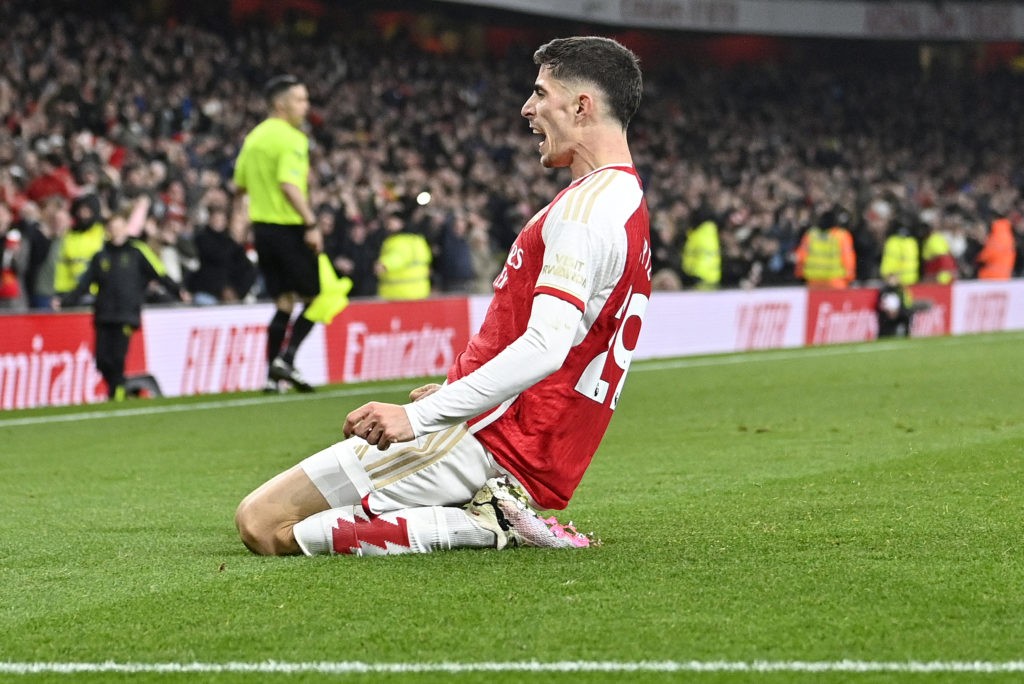 Arsenal's German midfielder #29 Kai Havertz celebrates scoring the team's second goal during the English Premier League football match between Arsenal and Brentford at the Emirates Stadium in London on March 9, 2024. (Photo by JUSTIN TALLIS/AFP via Getty Images)