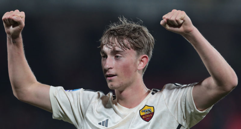 MONZA, ITALY - MARCH 02: Dean Huijsen of AS Roma celebrates following the Serie A TIM match between AC Monza and AS Roma at U-Power Stadium on March 02, 2024 in Monza, Italy. (Photo by Emilio Andreoli/Getty Images)