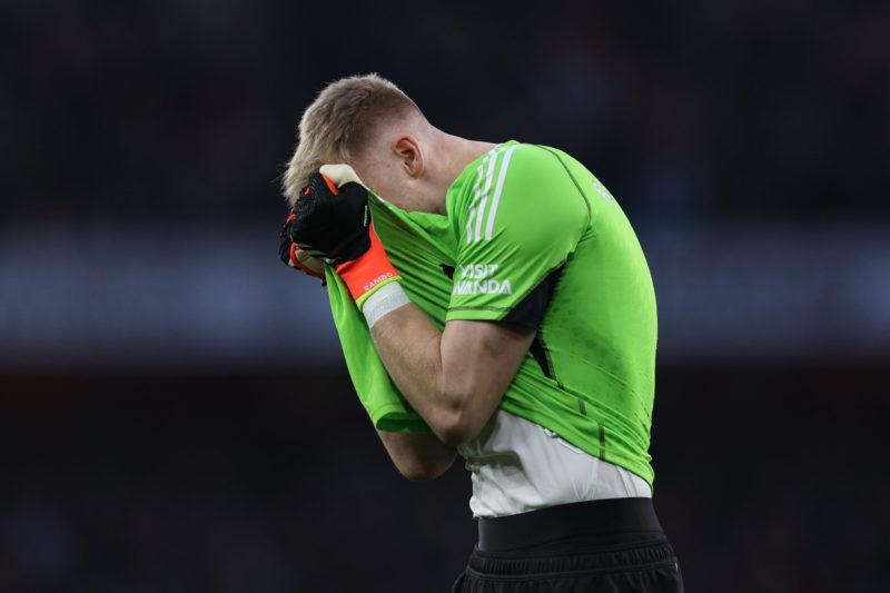 LONDON, ENGLAND - MARCH 09: Aaron Ramsdale of Arsenal reacts during the Premier League match between Arsenal FC and Brentford FC at Emirates Stadium on March 09, 2024 in London, England. (Photo by Richard Heathcote/Getty Images)