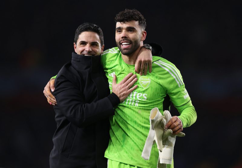 LONDON, ENGLAND - MARCH 12: Mikel Arteta, Manager of Arsenal, and David Raya of Arsenal embrace at full-time after victory in the penalty shoot out following the UEFA Champions League 2023/24 round of 16 second leg match between Arsenal FC and FC Porto at Emirates Stadium on March 12, 2024 in London, England. (Photo by Julian Finney/Getty Images)