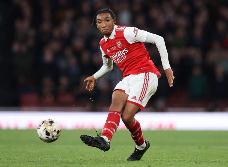 LONDON, ENGLAND - APRIL 25: Bradley Ibrahim of Arsenal in action during the FA Youth Cup Final match between Arsenal U18 and West Ham United U18 at Emirates Stadium on April 25, 2023 in London, England. (Photo by Richard Heathcote/Getty Images)