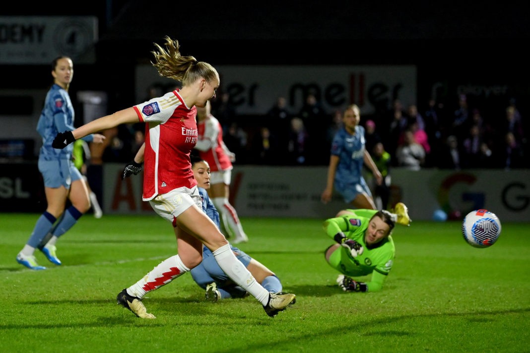 BOREHAMWOOD, ENGLAND - MARCH 06: Frida Maanum of Arsenal scores a goal which is later disallowed for offside during the FA Women's Continental Tyres League Cup Semi Final match between Arsenal and Aston Villa at Meadow Park on March 06, 2024 in Borehamwood, England. (Photo by Justin Setterfield/Getty Images)