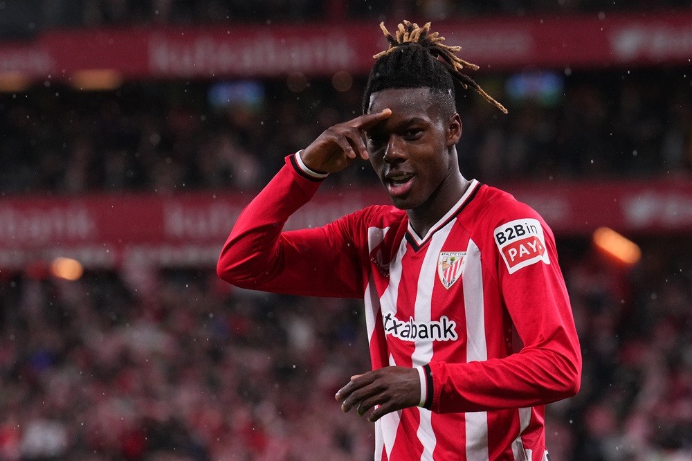 BILBAO, SPAIN: Nico Williams of Athletic Bilbao celebrates scoring the 2nd goal during the Copa del Rey Semifinal match between Athletic Club Bilbao and Atletico de Madrid at San Mames Stadium on February 29, 2024. (Photo by Juan Manuel Serrano Arce/Getty Images)
