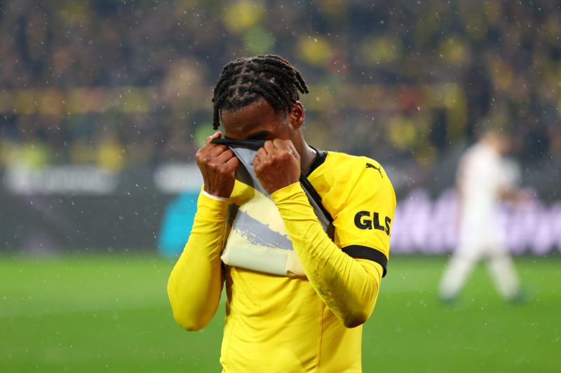 DORTMUND, GERMANY - DECEMBER 19: Jamie Bynoe-Gittens of Borussia Dortmund reacts after being substituted during the Bundesliga match between Borussia Dortmund and 1. FSV Mainz 05 at Signal Iduna Park on December 19, 2023 in Dortmund, Germany. (Photo by Leon Kuegeler/Getty Images)