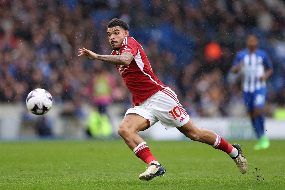 BRIGHTON, ENGLAND: Morgan Gibbs-White of Forest in action during the Premier League match between Brighton & Hove Albion and Nottingham Forest at American Express Community Stadium on March 10, 2024. (Photo by Richard Heathcote/Getty Images)