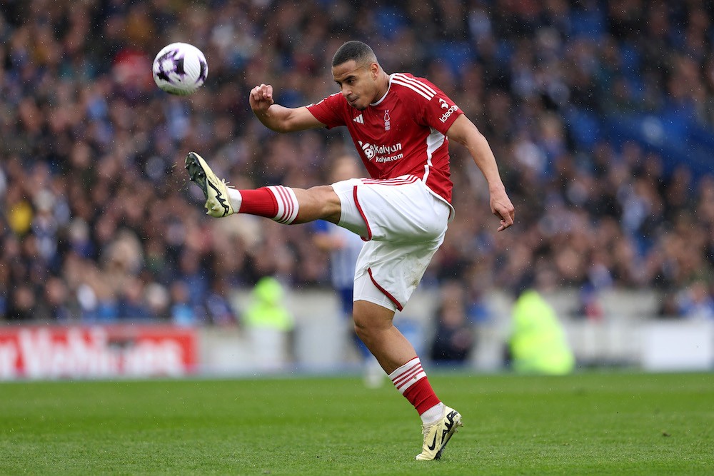 BRIGHTON, ENGLAND: Murillo of Forest in action during the Premier League match between Brighton & Hove Albion and Nottingham Forest at American Express Community Stadium on March 10, 2024. (Photo by Richard Heathcote/Getty Images)