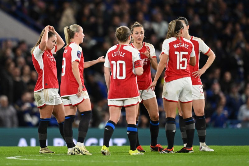 LONDON, ENGLAND - MARCH 15: Players of Arsenal interact after conceding their team's third goal which was scored by Sjoeke Nuesken of Chelsea (not pictured) during the Barclays Women´s Super League match between Chelsea FC and Arsenal FC at Stamford Bridge on March 15, 2024 in London, England. (Photo by Justin Setterfield/Getty Images)