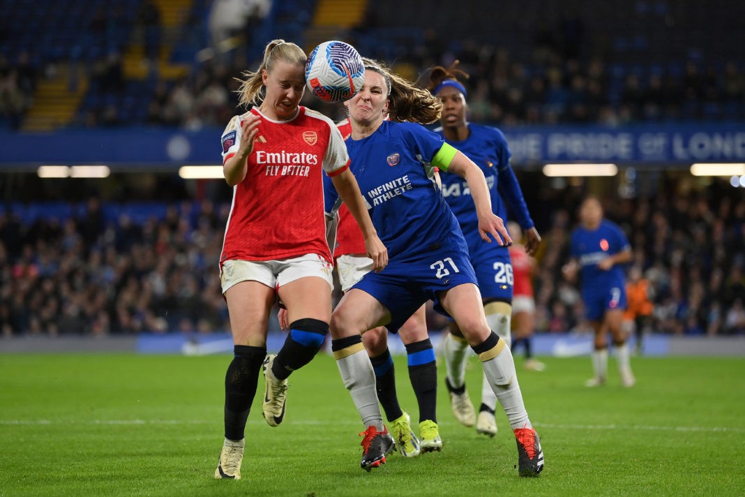 LONDON, ENGLAND - MARCH 15: Beth Mead of Arsenal and Niamh Charles of Chelsea battle for a header during the Barclays Women´s Super League match between Chelsea FC and Arsenal FC at Stamford Bridge on March 15, 2024 in London, England. (Photo by Justin Setterfield/Getty Images)