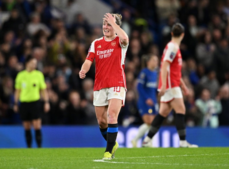 LONDON, ENGLAND - MARCH 15: Kim Little of Arsenal looks dejected after conceding her team's third goal which was scored by Sjoeke Nuesken of Chelsea (not pictured) during the Barclays Women´s Super League match between Chelsea FC and Arsenal FC at Stamford Bridge on March 15, 2024 in London, England. (Photo by Justin Setterfield/Getty Images)