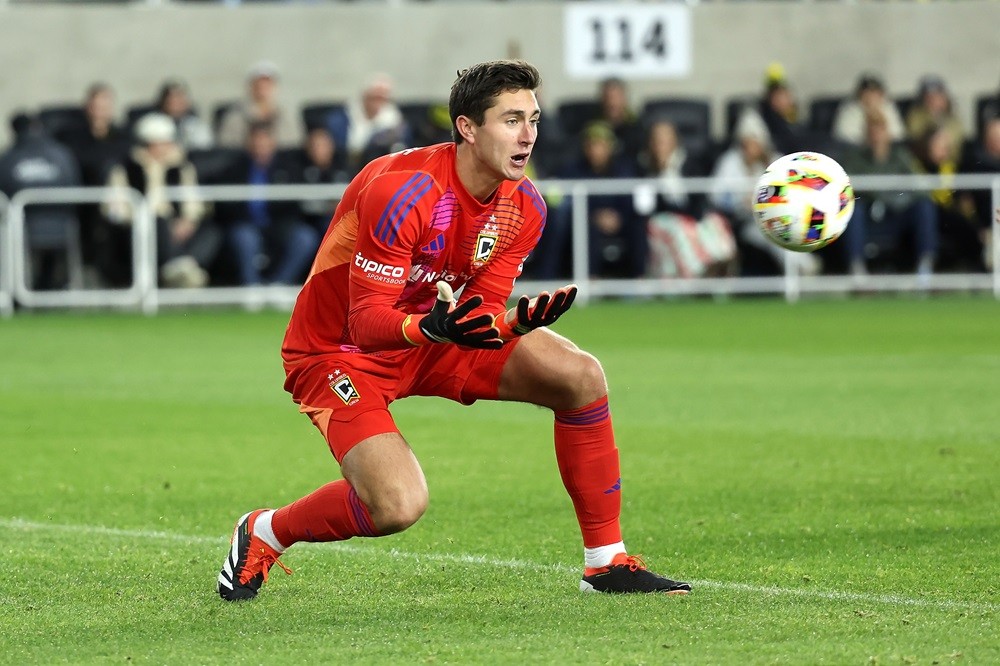 COLUMBUS, OHIO: Patrick Schulte of the Columbus Crew makes a save during the first half of the match against the Chicago Fire FC at Lower.com Field on March 9, 2024. (Photo by Kirk Irwin/Getty Images)