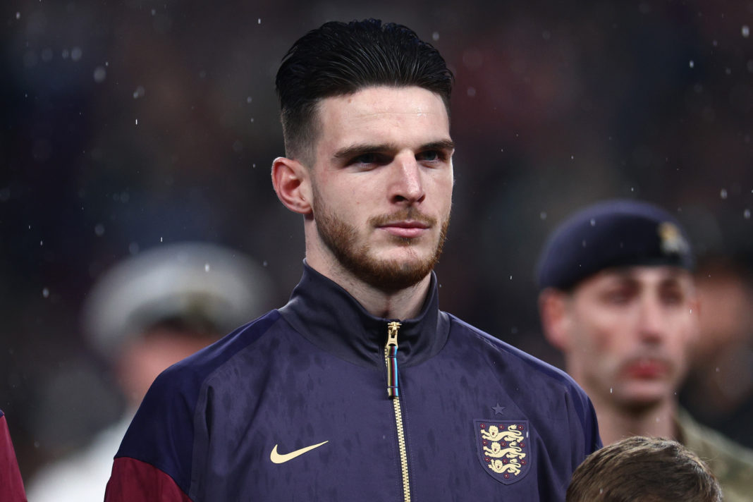 LONDON, ENGLAND - MARCH 26: Declan Rice of England looks on prior to the international friendly match between England and Belgium at Wembley Stadium on March 26, 2024 in London, England. (Photo by Clive Rose/Getty Images)