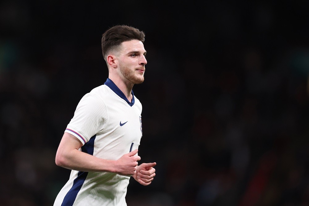 LONDON, ENGLAND: Declan Rice of England during the international friendly match between England and Brazil at Wembley Stadium on March 23, 2024. (Photo by Catherine Ivill/Getty Images)