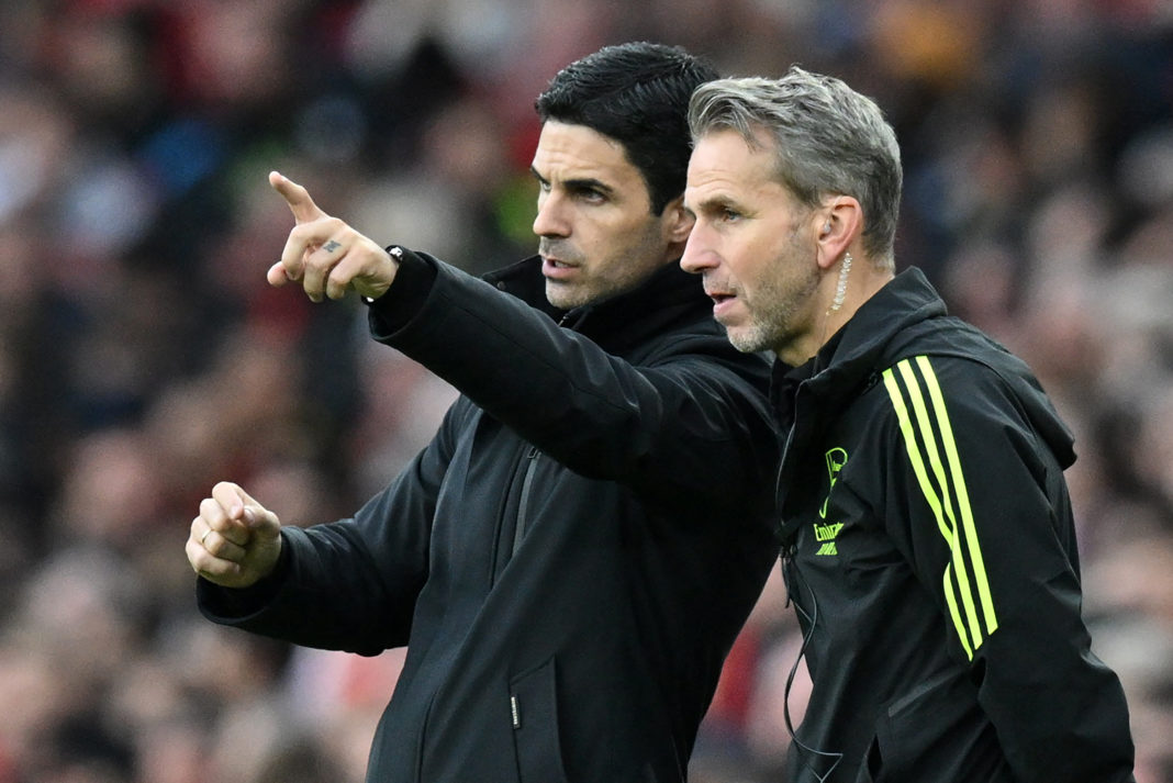 Arsenal's Spanish manager Mikel Arteta (L) speaks with Arsenal's Dutch assistant coach Albert Stuivenberg (R) during the English Premier League football match between Arsenal and Sheffield United at the Emirates Stadium in London on October 28, 2023. (Photo by GLYN KIRK/AFP via Getty Images)