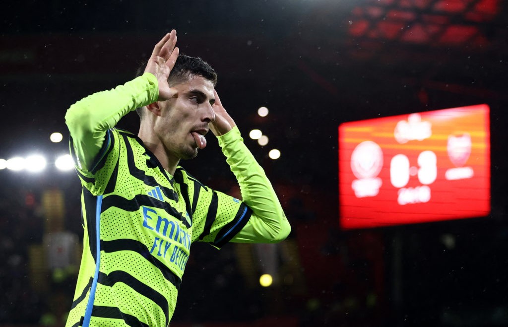 Arsenal's German midfielder #29 Kai Havertz celebrates scoring the team's fourth goal during the English Premier League football match between Sheffield United and Arsenal at Bramall Lane in Sheffield, northern England on March 4, 2024. (Photo by DARREN STAPLES/AFP via Getty Images)