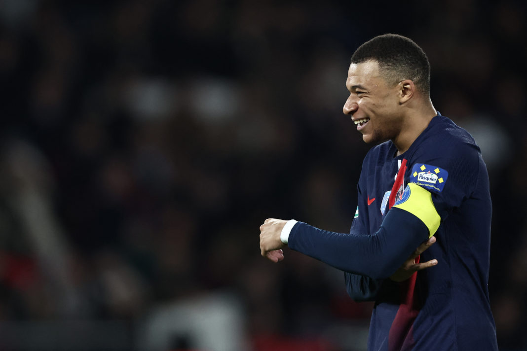 Paris Saint-Germain's French forward #07 Kylian Mbappe reacts during the French Cup (Coupe de France) quarter-final football match between Paris Saint-Germain (PSG) and OGC Nice at the Parc des Princes stadium, in Paris, on March 13, 2024. (Photo by FRANCK FIFE/AFP via Getty Images)