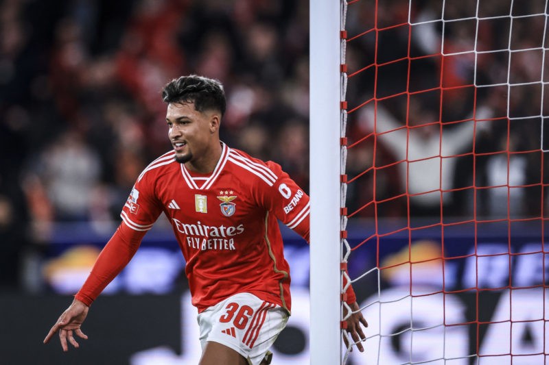 Benfica's Brazilian forward #36 Marcos Leonardo celebrates scoring his team's second goal during the Portuguese League football match between SL Benfica and Boavista FC at the Luz stadium in Lisbon on January 19, 2024. (Photo by PATRICIA DE MELO MOREIRA / AFP) (Photo by PATRICIA DE MELO MOREIRA/AFP via Getty Images)