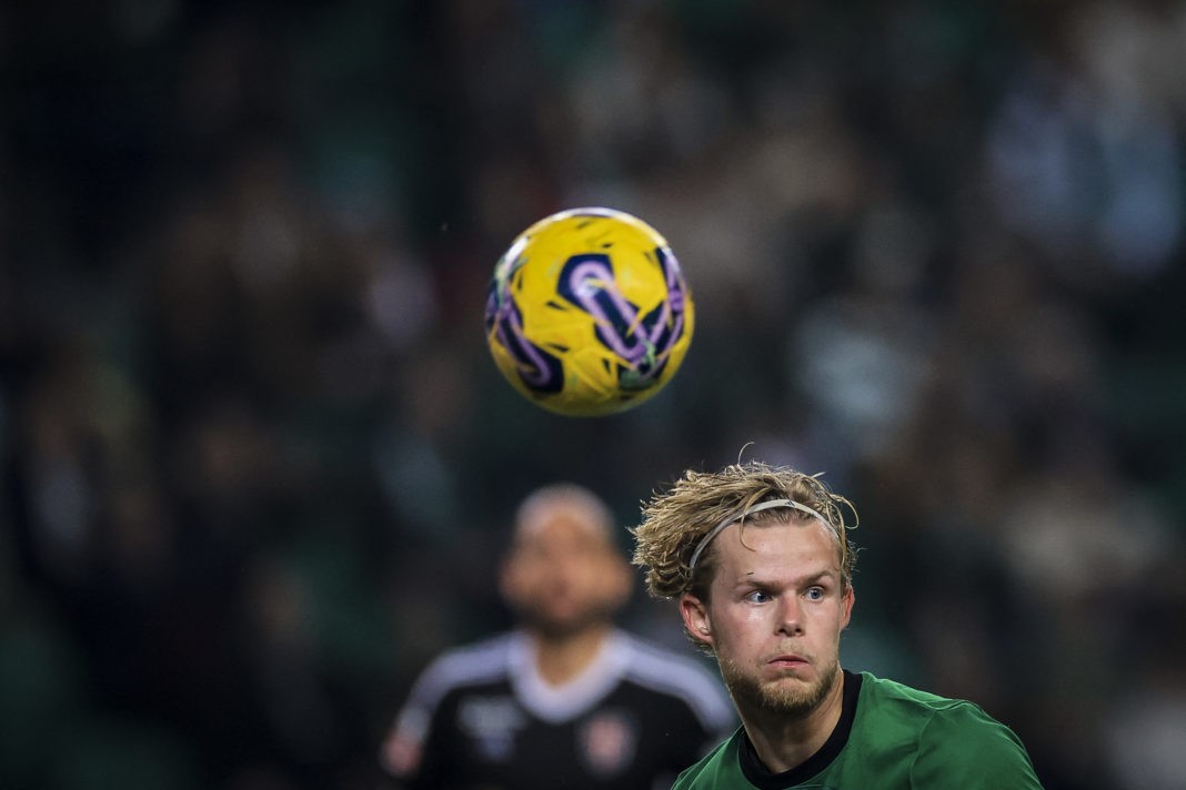 Sporting Lisbon's Danish midfielder #42 Morten Hjulmand heads the ball during the Portuguese League football match between Sporting CP and Casa Pia at the Jose Alvalade stadium in Lisbon, on January 29, 2024. (Photo by PATRICIA DE MELO MOREIRA/AFP via Getty Images)
