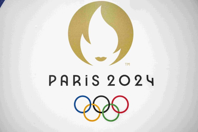 This photograph taken on June 7, 2023, shows the Olympic Games logo inside the Aquatic Olympic Center (CAO), the swimming pool, which will host Synchronised swimming, diving and waterpolo for the Paris 2024 Olympic Games in Saint-Denis, northern suburbs of Paris. (Photo by BERTRAND GUAY/AFP via Getty Images)