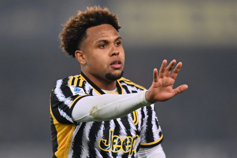 VERONA, ITALY - FEBRUARY 17: Weston McKennie of Juventus gestures during the Serie A TIM match between Hellas Verona FC and Juventus - Serie A TIM at Stadio Marcantonio Bentegodi on February 17, 2024 in Verona, Italy. (Photo by Alessandro Sabattini/Getty Images)